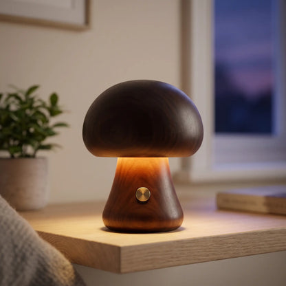 Small walnut wooden mushroom lamp on a bedside shelf