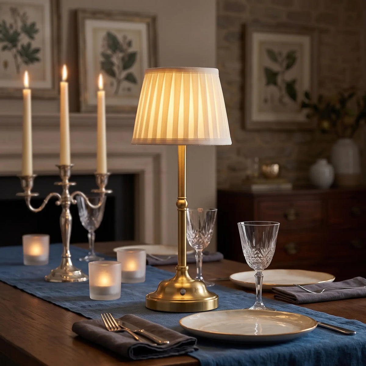 Pleated cordless table lamp on a dinner table