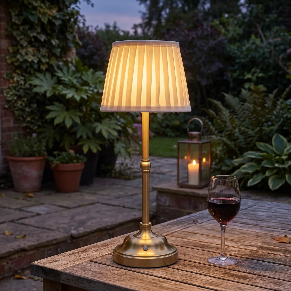 Pleated cordless table lamp on a garden table at dusk