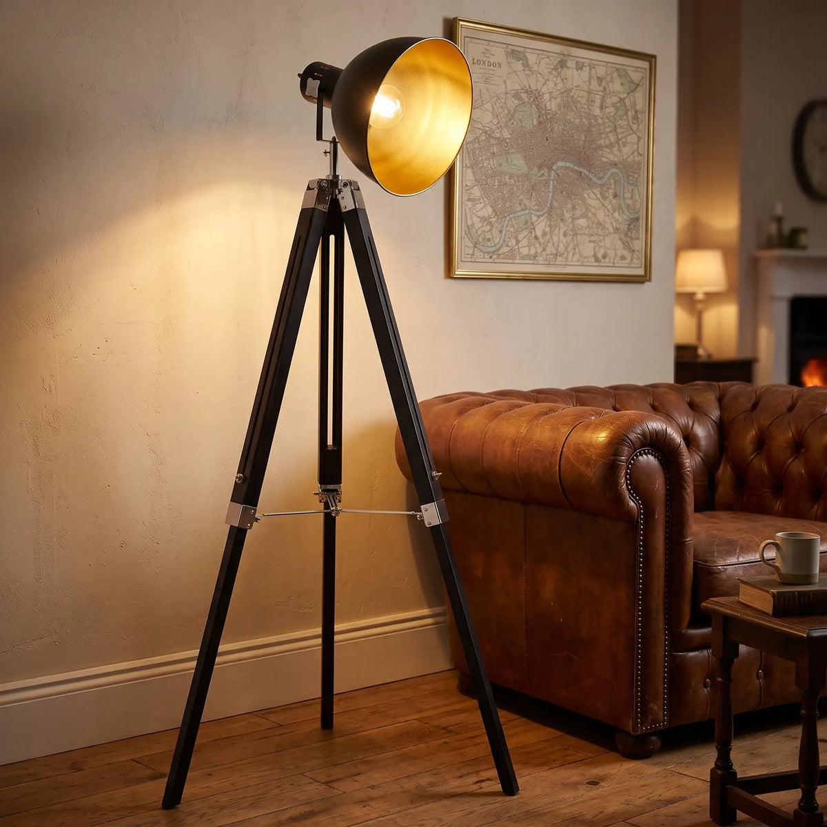 Retro tripod spotlight floor lamp beside a leather armchair