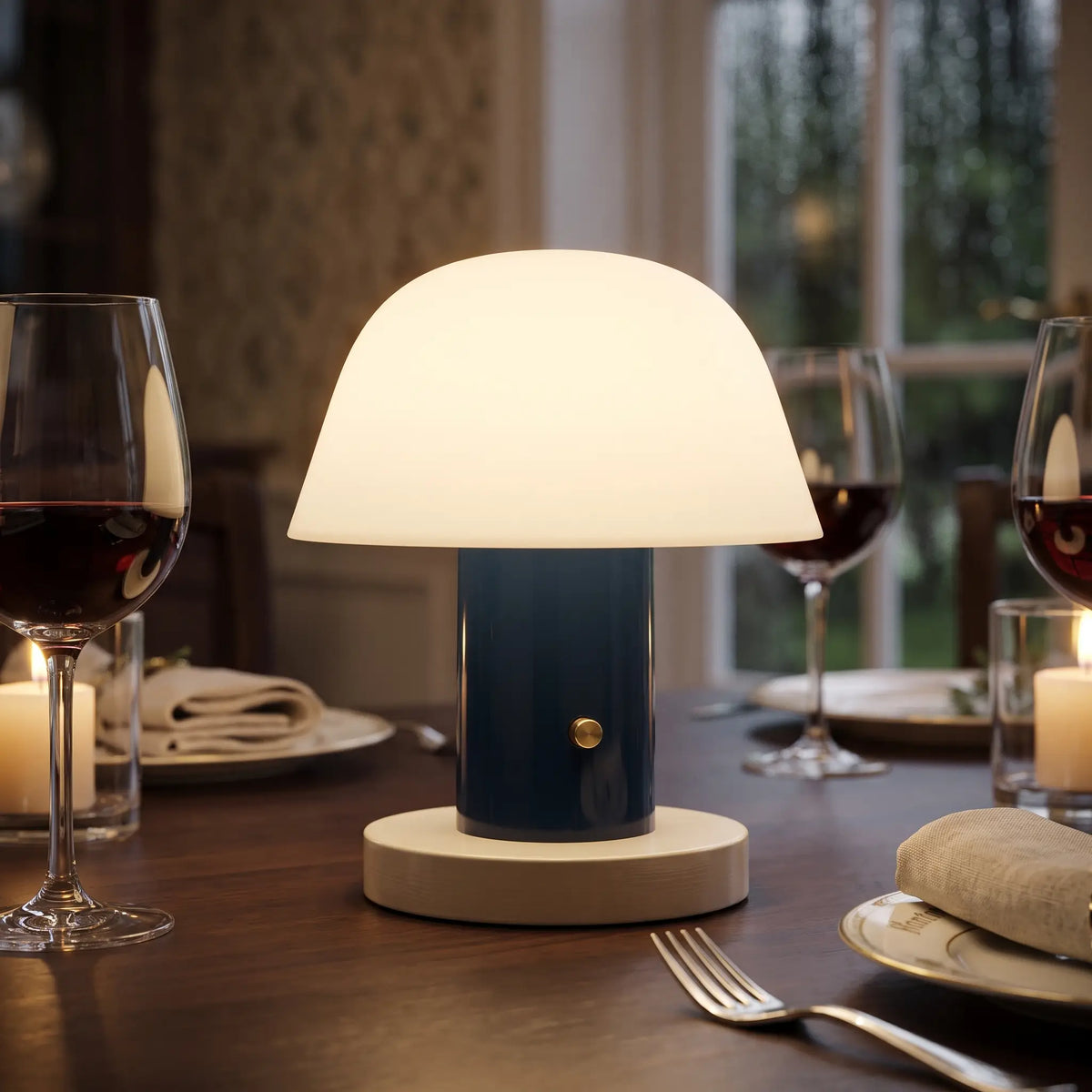 Cordless mushroom lamp on a dinner table