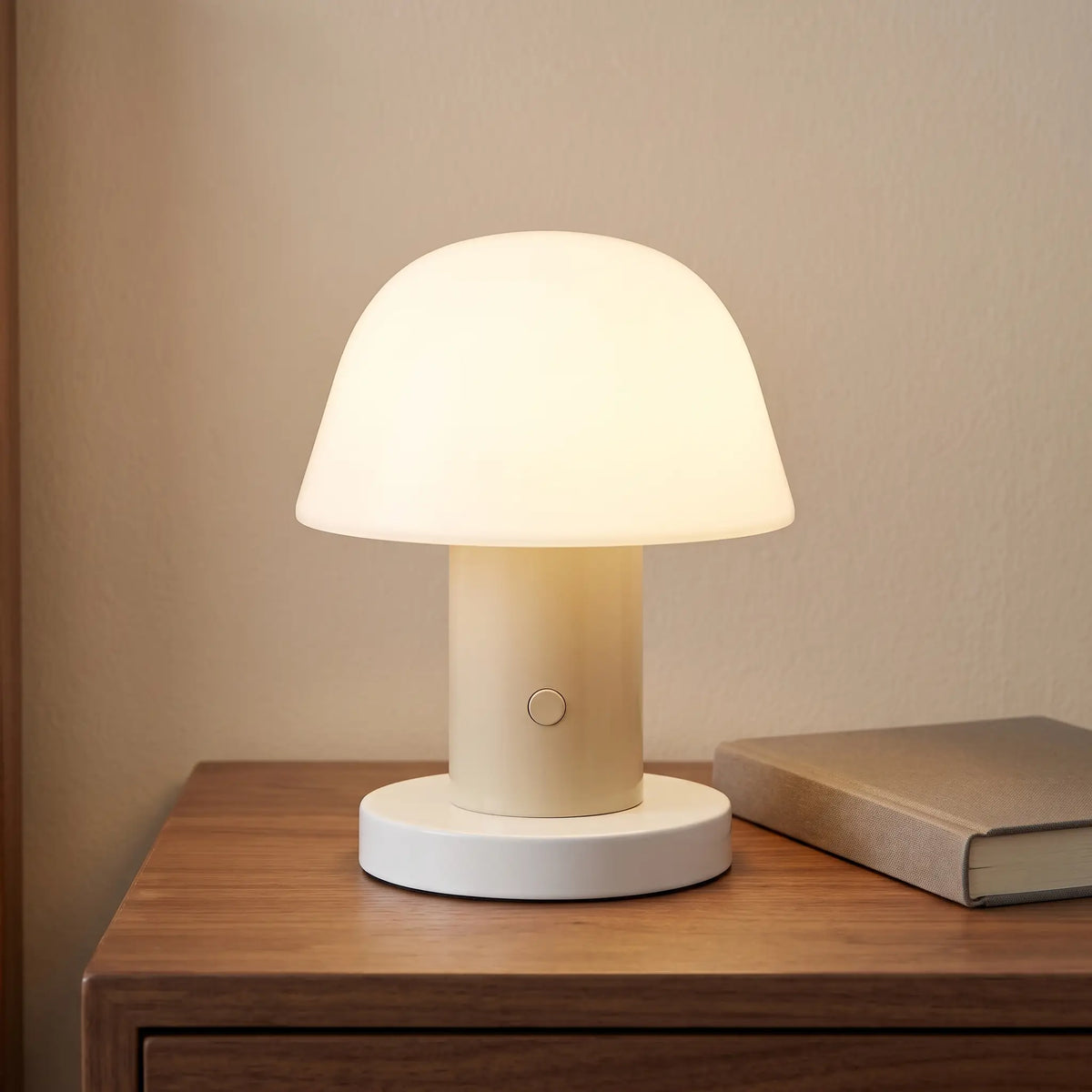 Sand cordless mushroom lamp on a bedside table