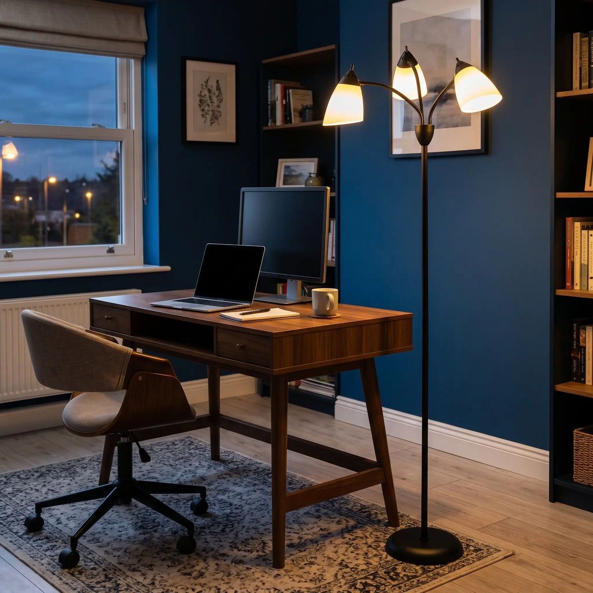 Black 3-light tree floor lamp in a home office