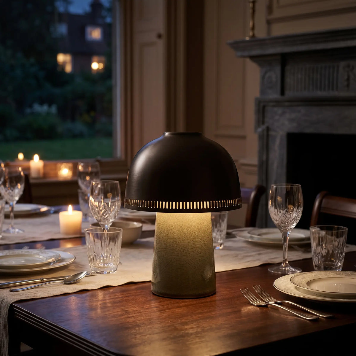 Sage green ceramic lamp with copper shade on a dinner table