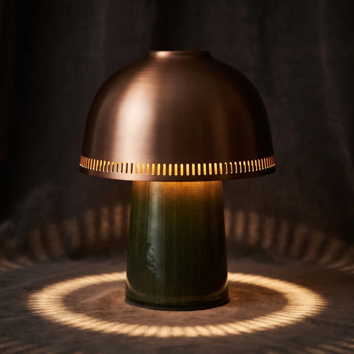 Close-up of the ceramic body and copper dome shade