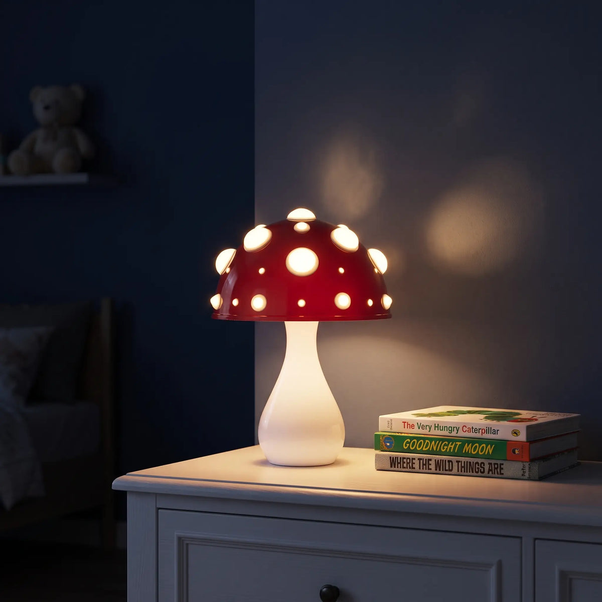 Toadstool mushroom lamp lit at night in a child's bedroom