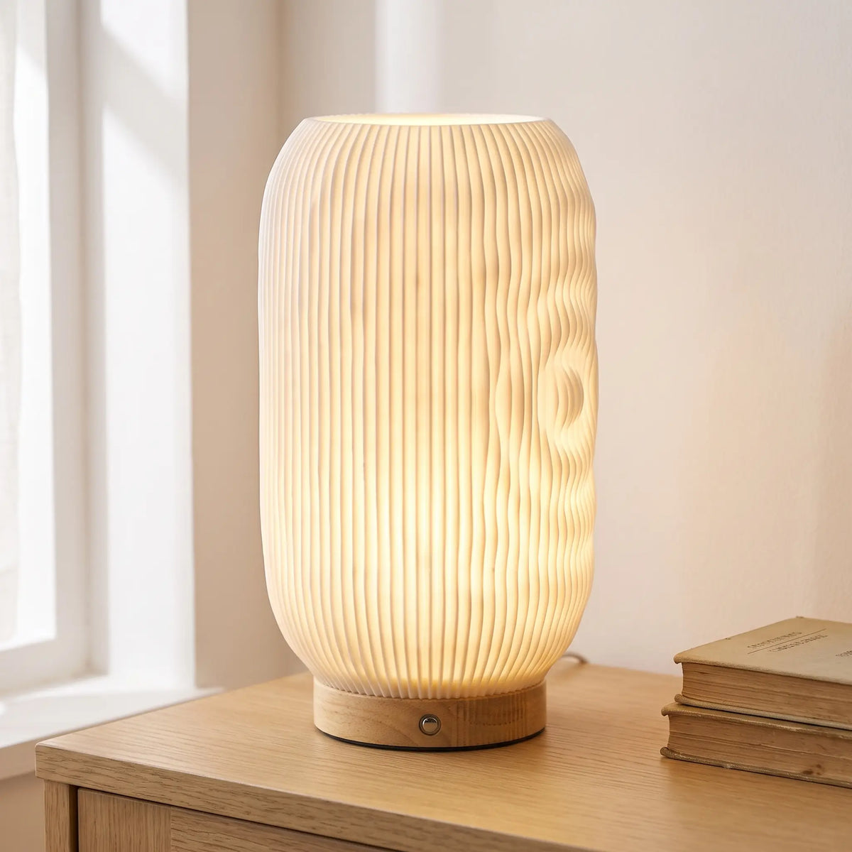 Ripple textured table lamp with wooden base on an oak sideboard