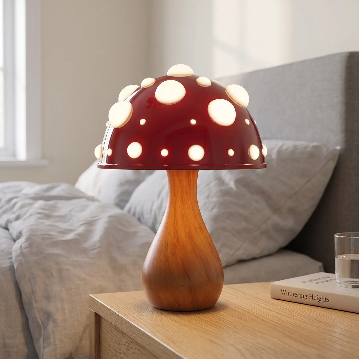 Red toadstool mushroom lamp with wood-effect stem on a bedside table