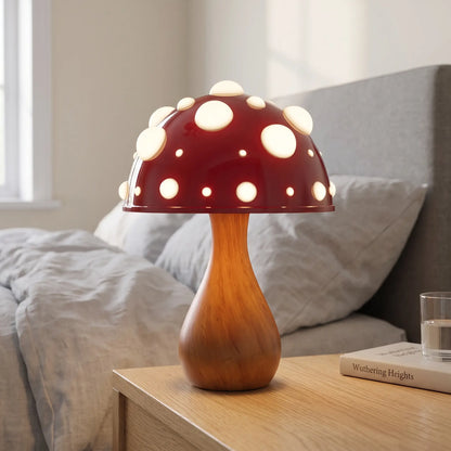 Red toadstool mushroom lamp with wood-effect stem on a bedside table