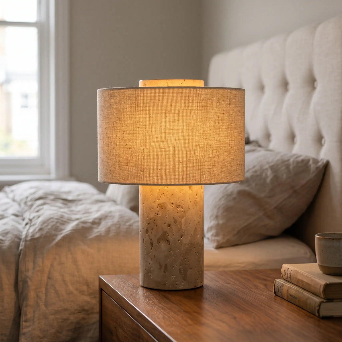 Cordless travertine table lamp with linen shade on a bedside table