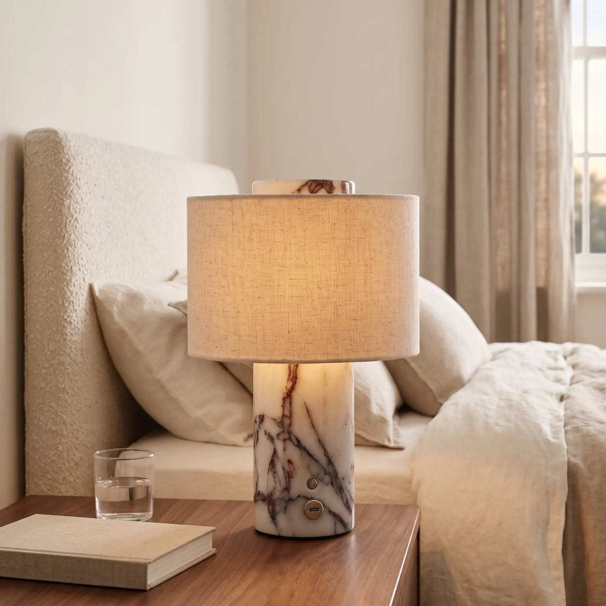 Cordless grey marble table lamp with linen shade on a bedside table