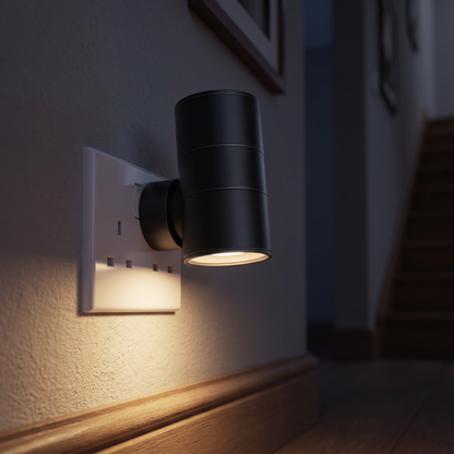 Black plug-in motion sensor night light in a UK socket on a hallway wall
