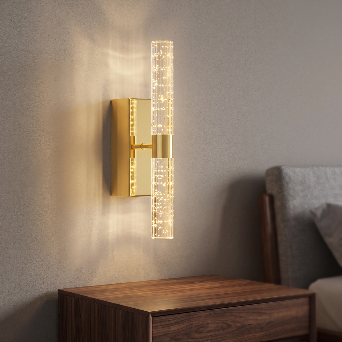 Rectangular gold crystal-effect rechargeable wall light