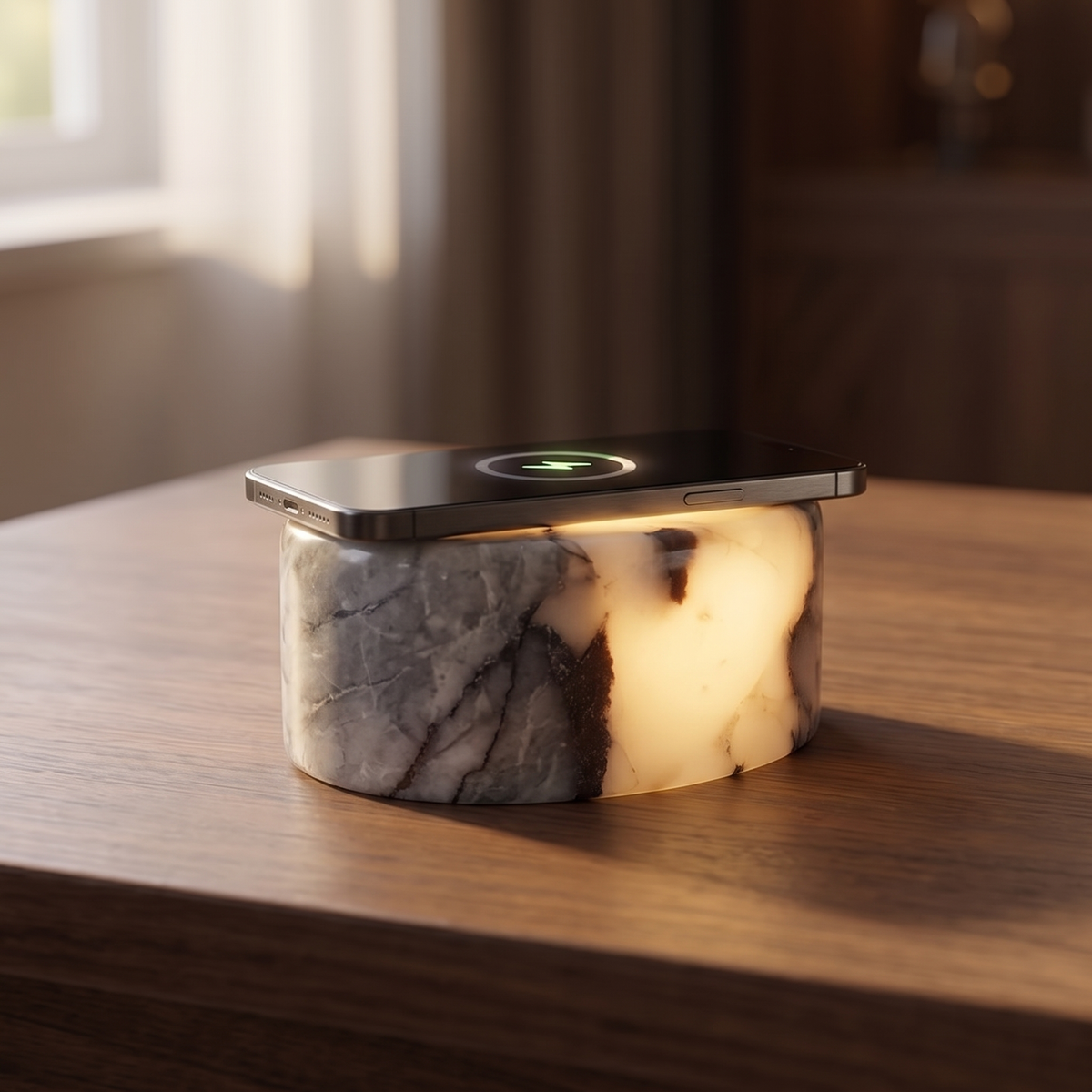 Small grey marble touch night light on a bedside table