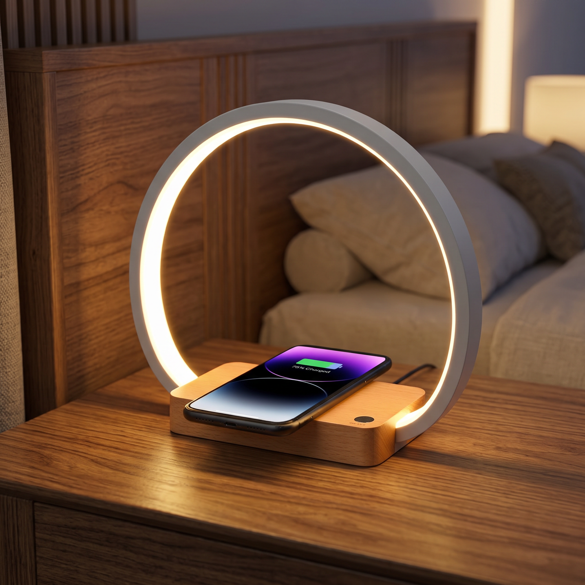 Bamboo arch night light with a phone charging on its wireless pad