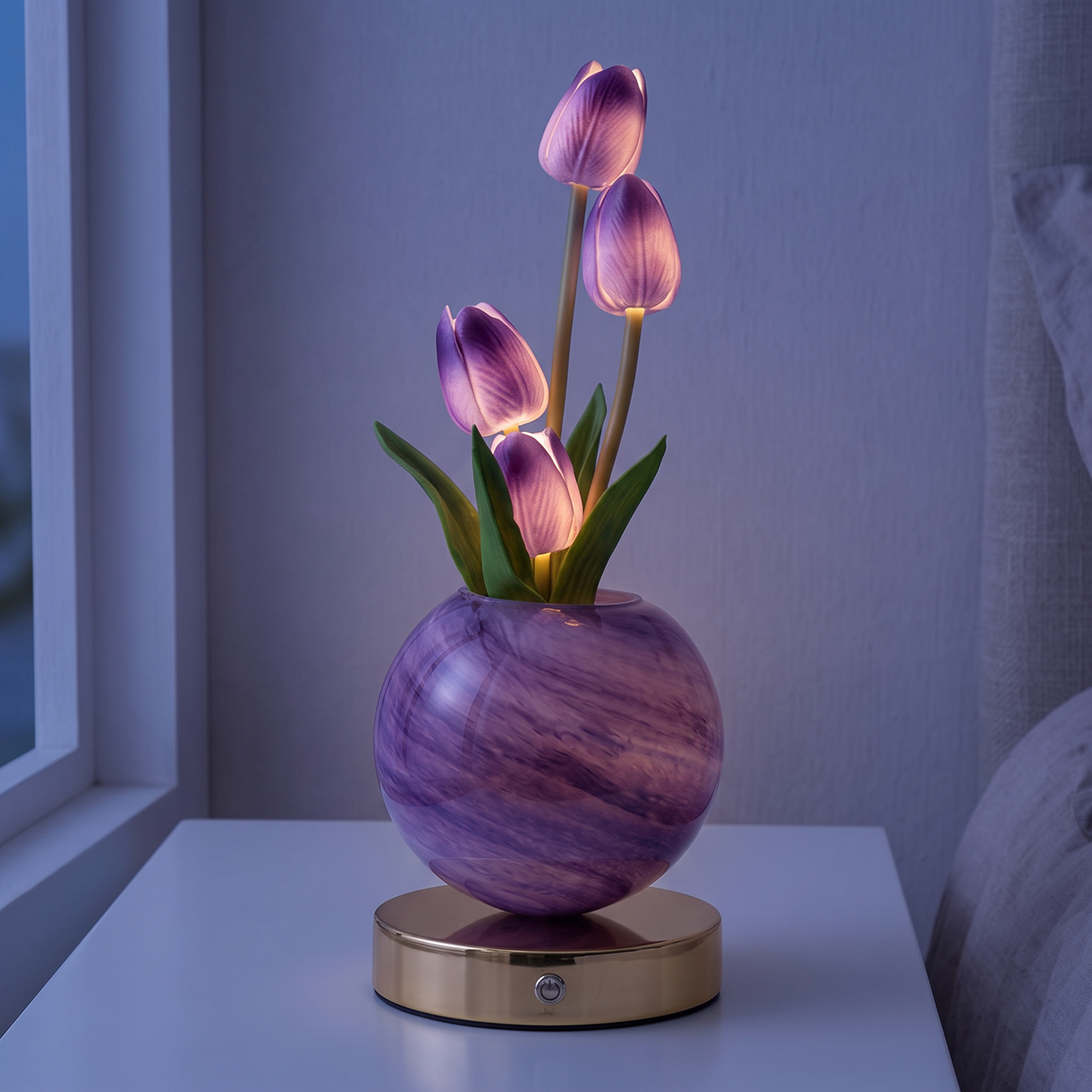 Glass tulip lamp with purple tulips