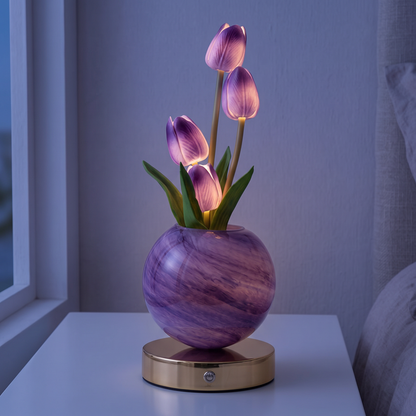 Glass tulip lamp with purple tulips