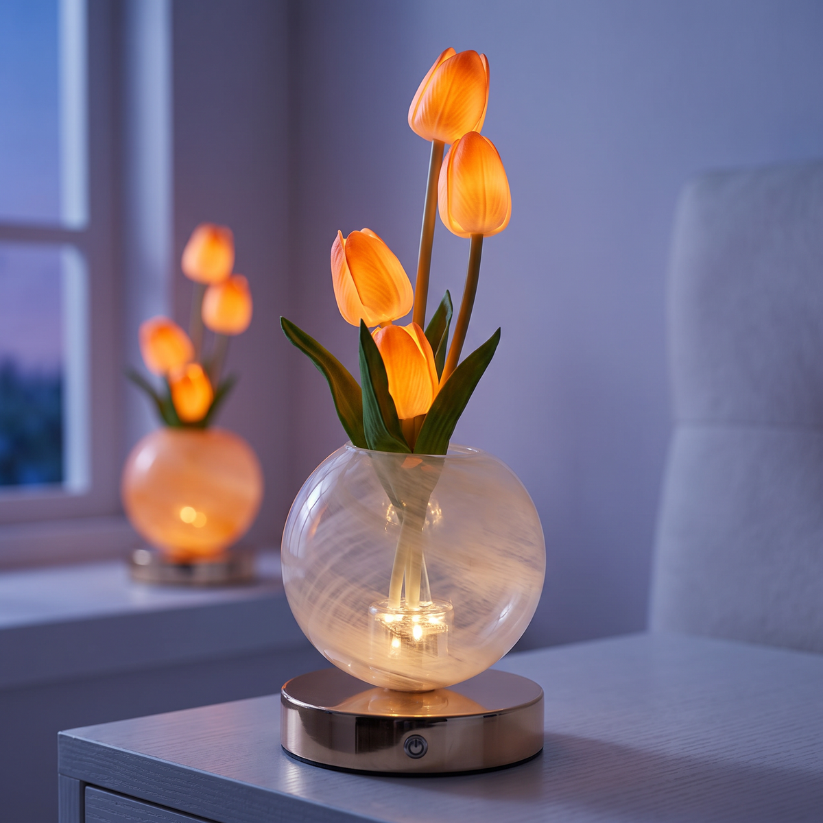 Glass tulip lamp with orange tulips