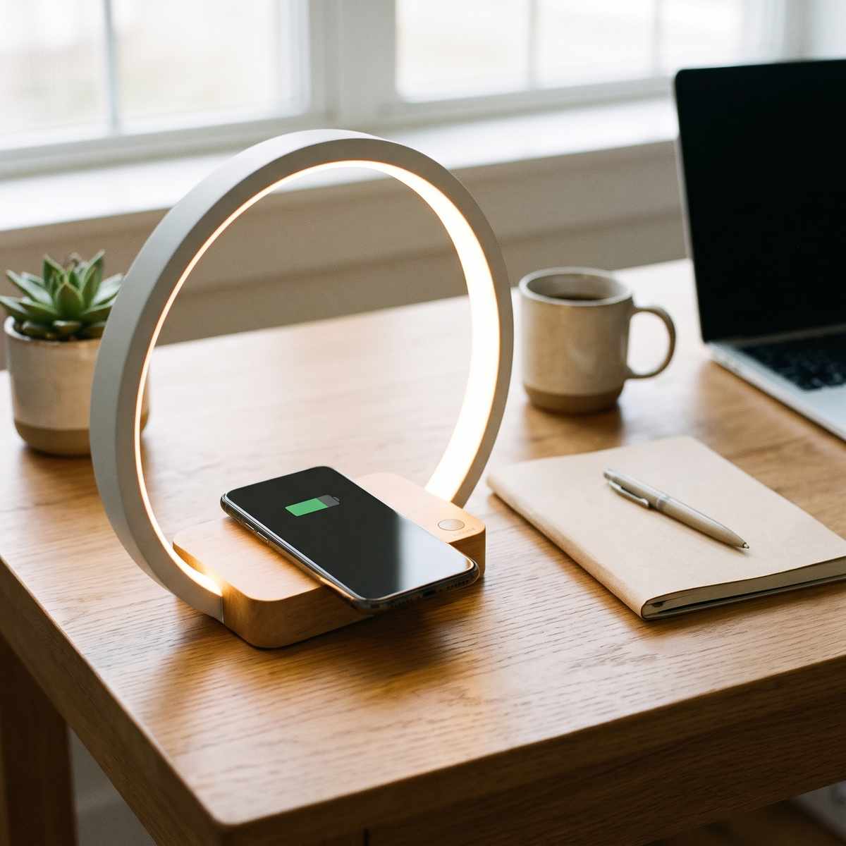 Bamboo arch night light with wireless charger on a home office desk