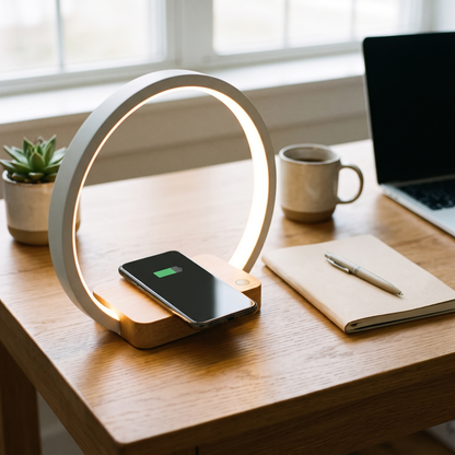 Bamboo arch night light with wireless charger on a home office desk