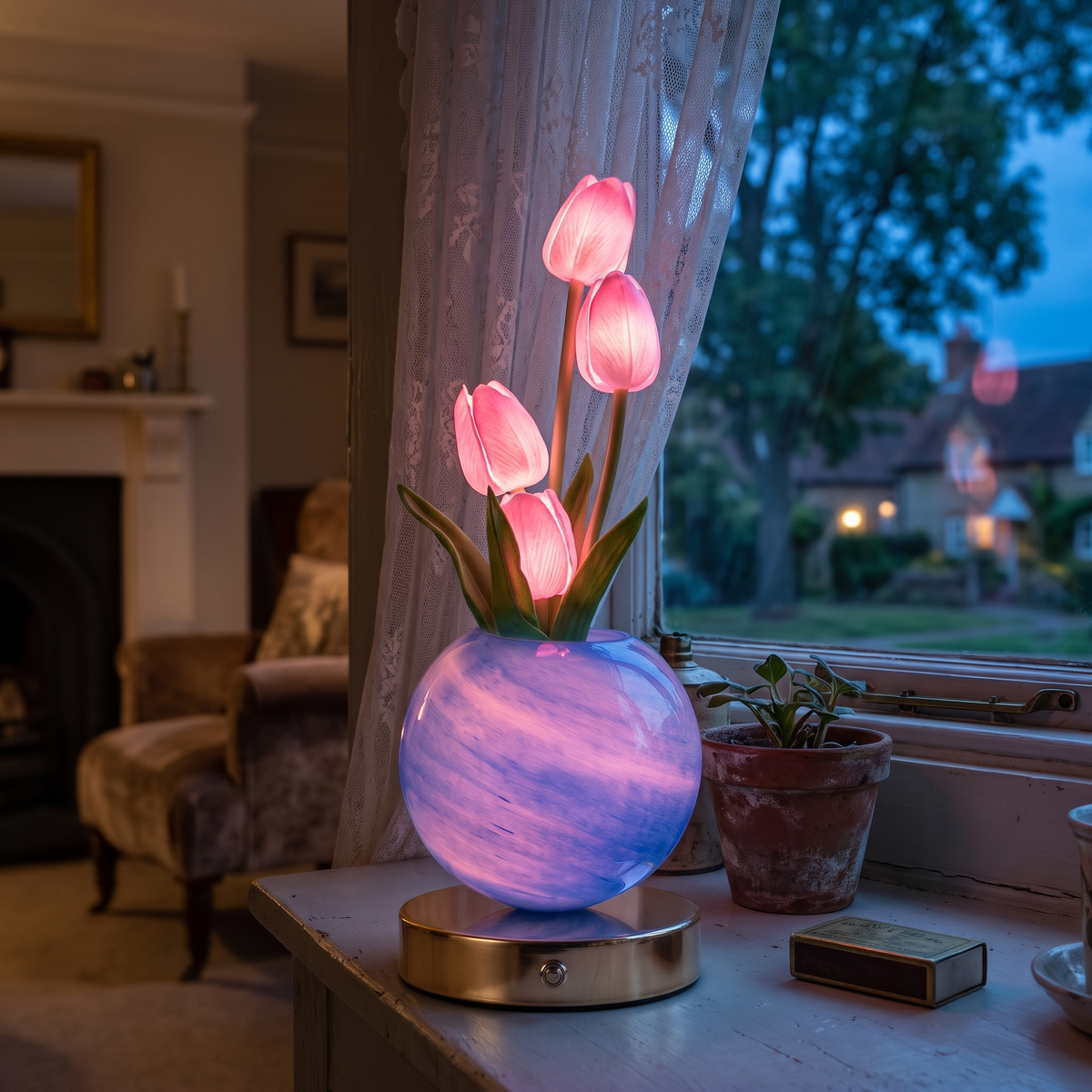 Tulip lamp glowing on a windowsill at dusk