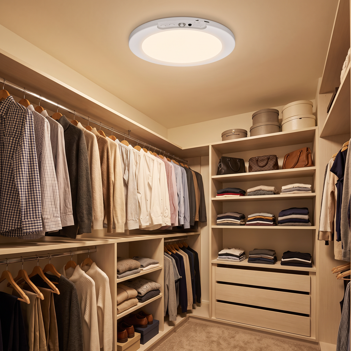 Round rechargeable motion sensor ceiling light in a walk-in wardrobe