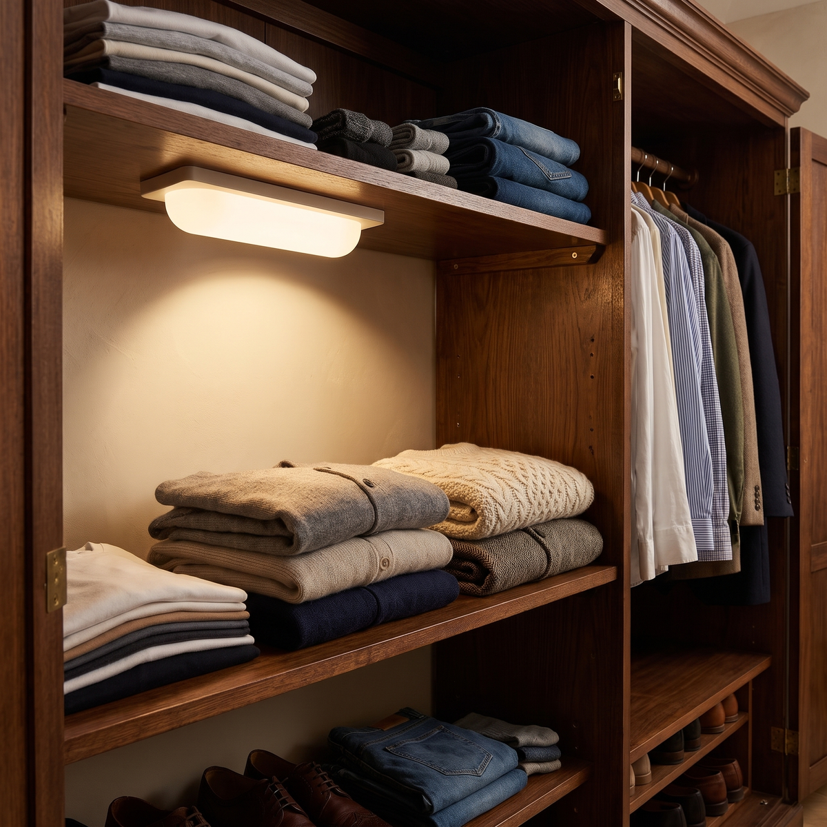 Beige rechargeable motion sensor light under a wardrobe shelf, shown to scale