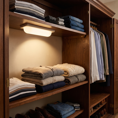 Beige rechargeable motion sensor light under a wardrobe shelf, shown to scale