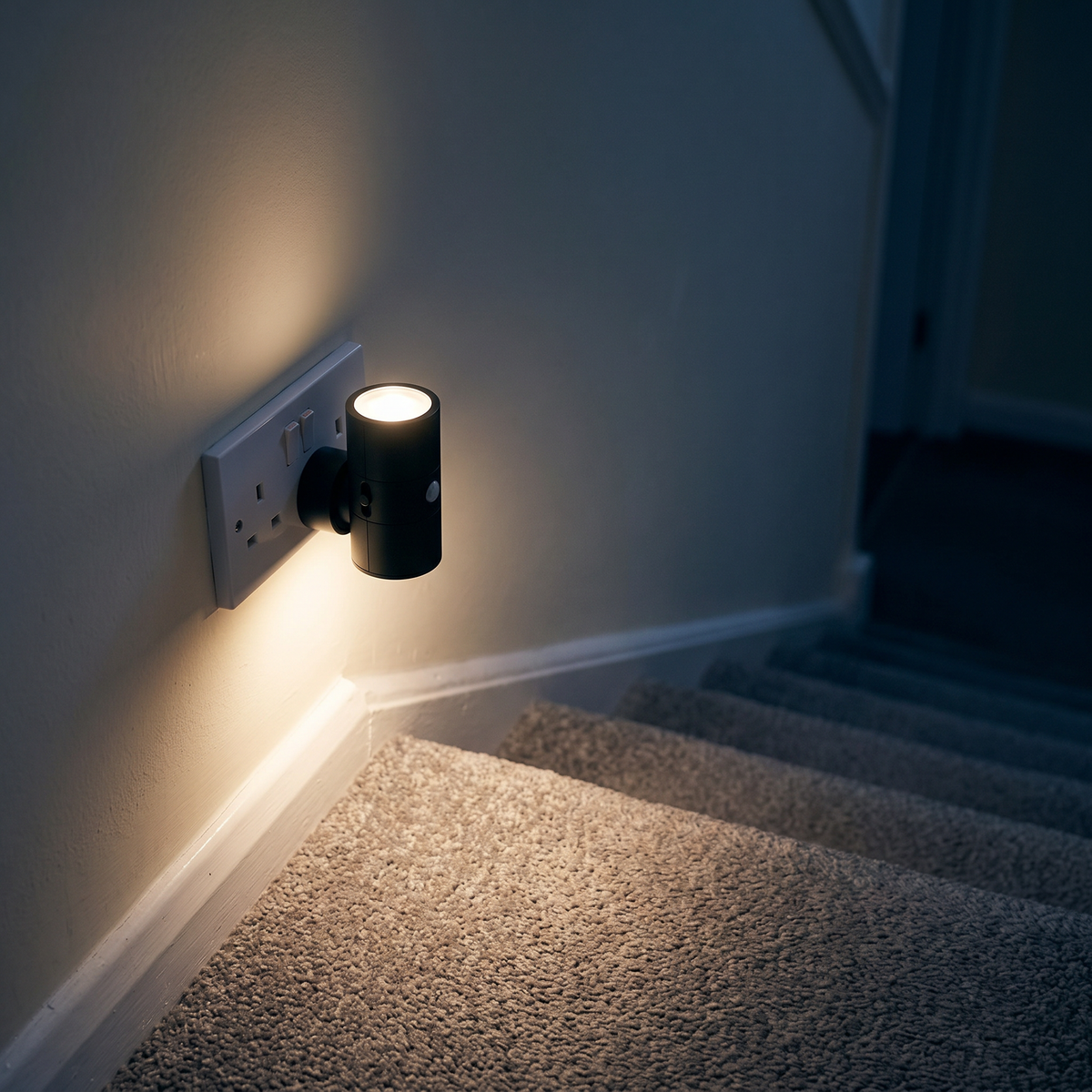 Black plug-in motion sensor night light plugged into a UK socket on a landing