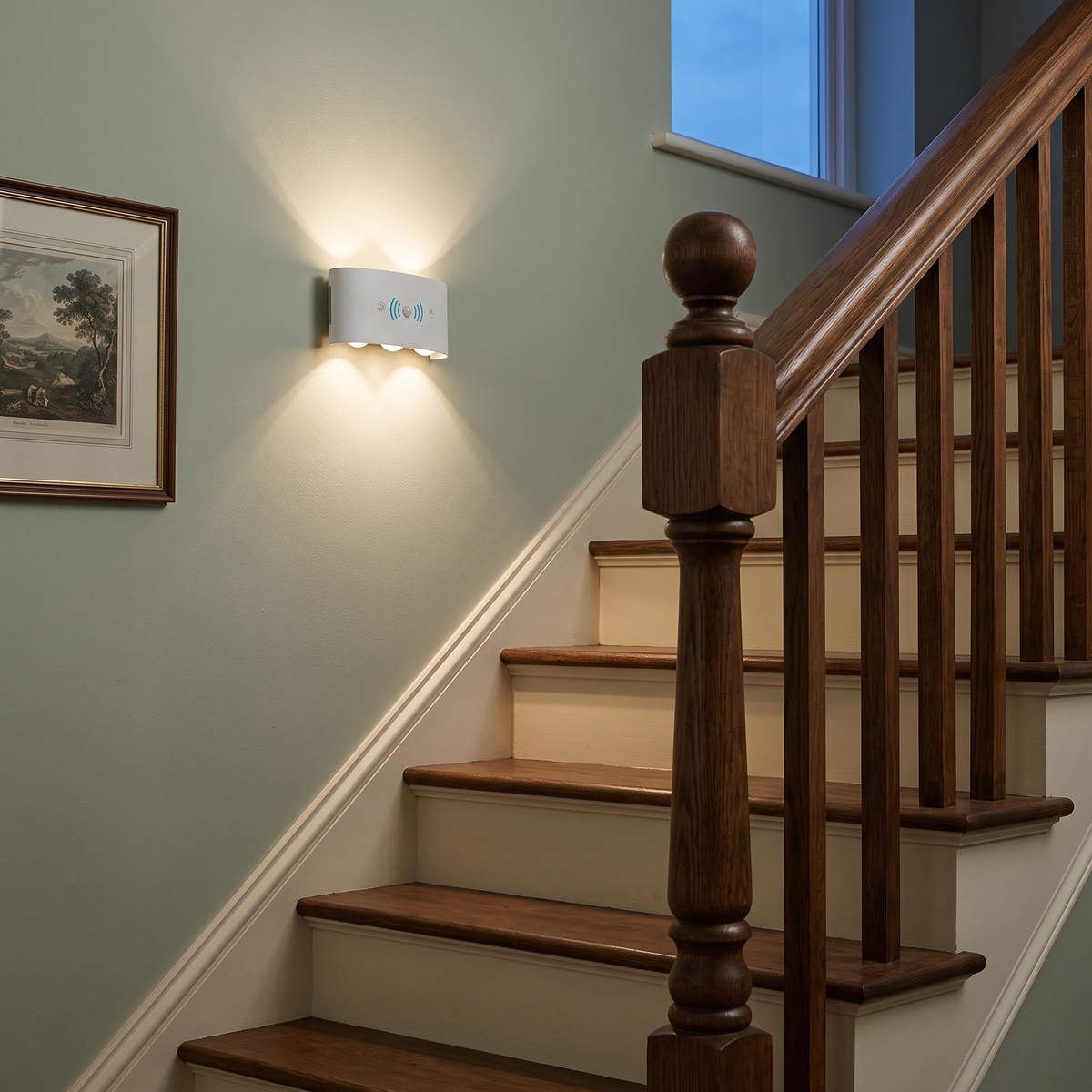 Curved white rechargeable motion sensor wall light beside a staircase, shown to scale