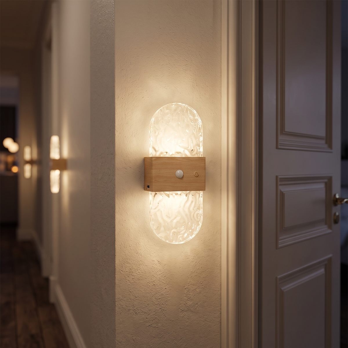 Oval crystal-effect motion sensor night light with wood-grain band