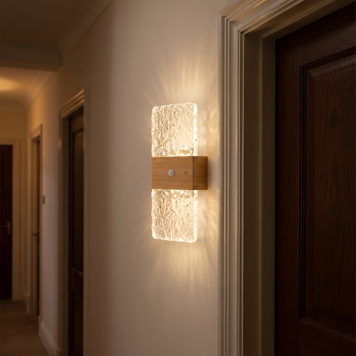 Rectangular crystal-effect motion sensor wall night light with wood-grain band on a hallway wall