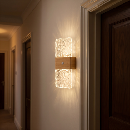 Rectangular crystal-effect motion sensor wall night light with wood-grain band on a hallway wall
