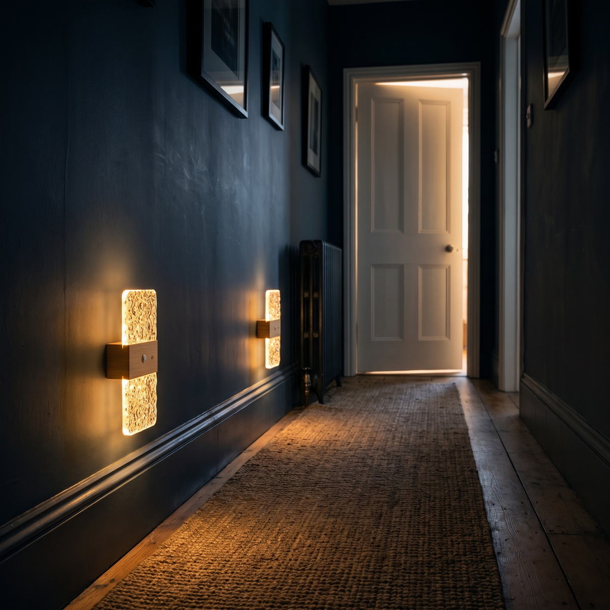 Motion sensor wall night lights lighting a hallway at night