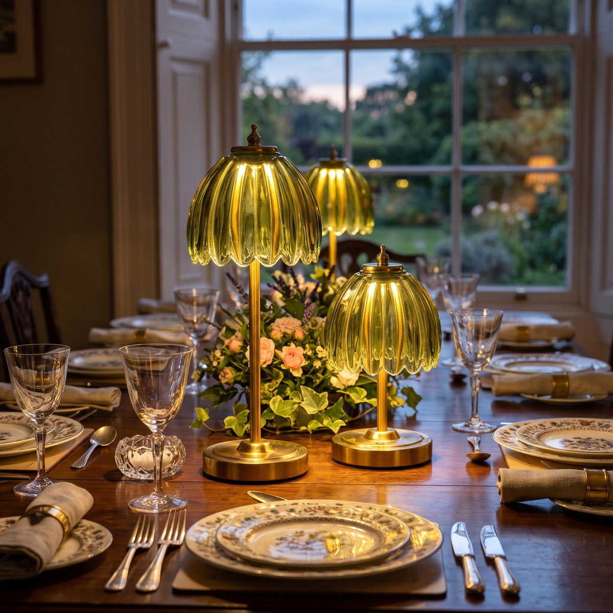 Tall and small glass flower table lamps on a dining table