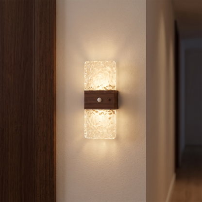 Rectangular crystal-effect motion sensor night light with walnut-effect band