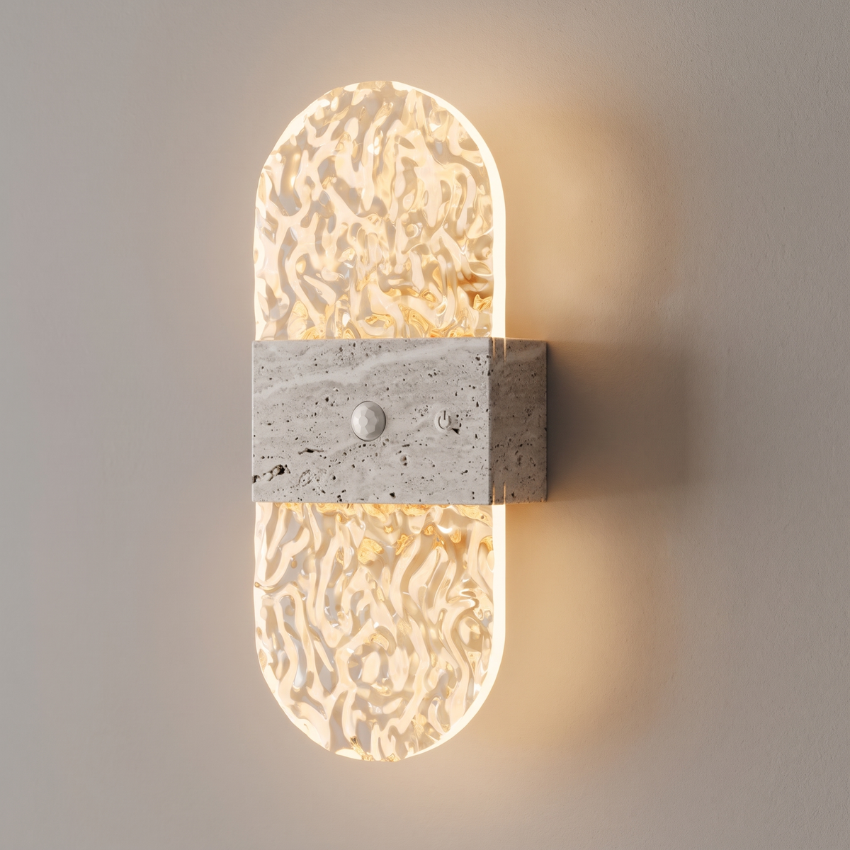 Oval crystal-effect motion sensor night light with travertine-effect band