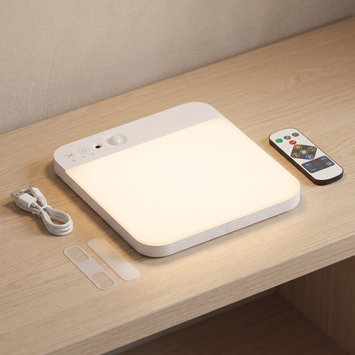 Wardrobe light with its remote control and USB-C cable