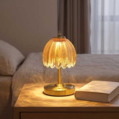 Small 23cm cordless glass flower lamp with amber shade