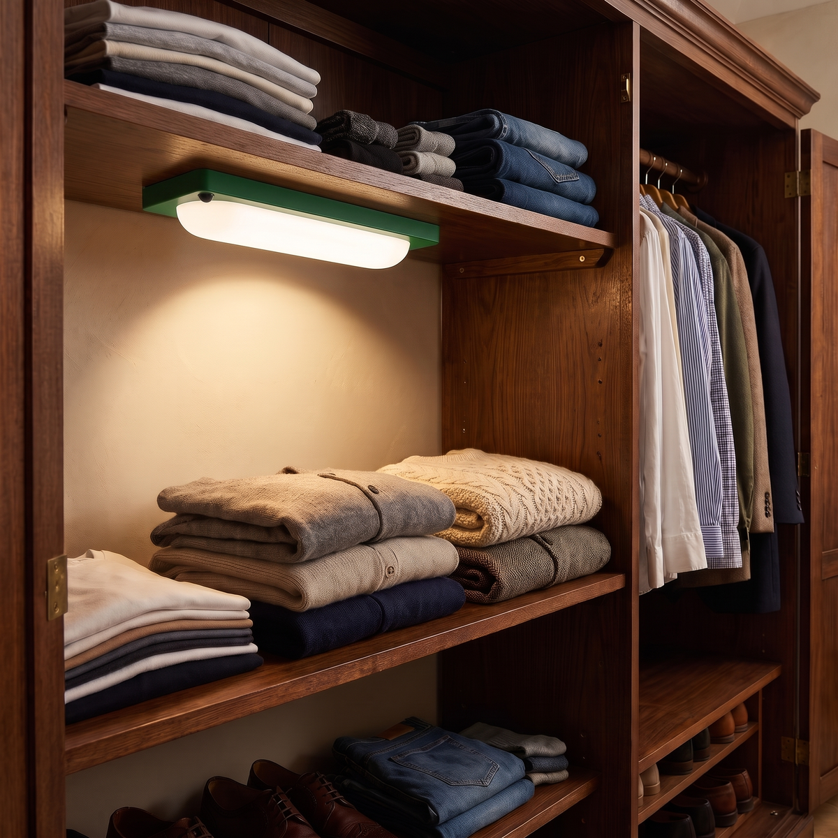 Dark green rechargeable motion sensor light under a wardrobe shelf
