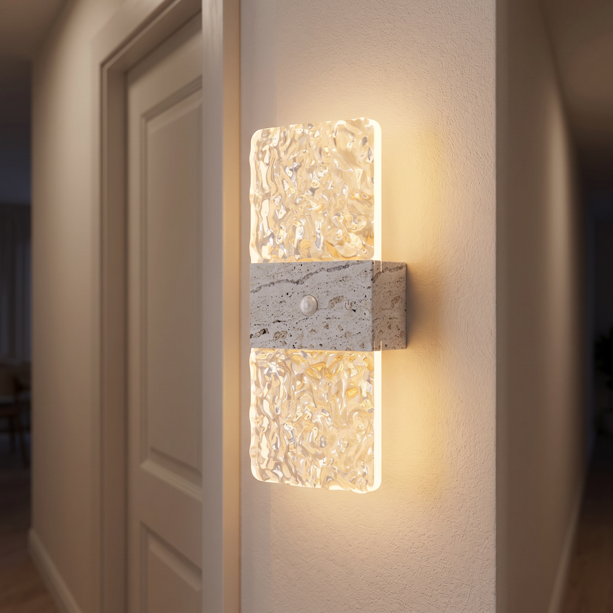 Rectangular crystal-effect motion sensor night light with travertine-effect band