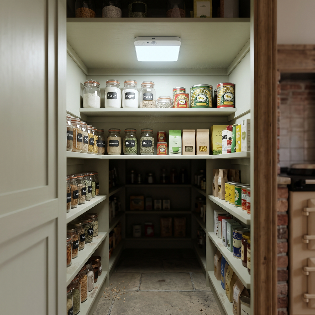 Rechargeable motion sensor light inside a kitchen pantry cupboard