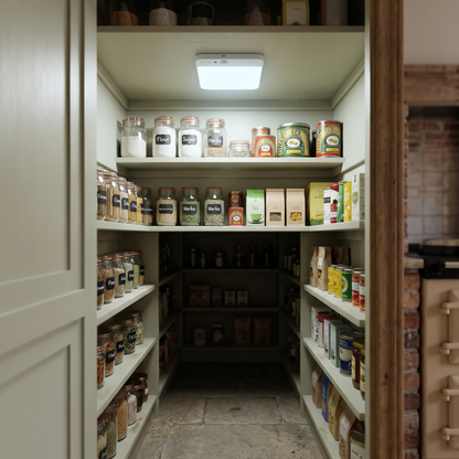 Rechargeable motion sensor light inside a kitchen pantry cupboard