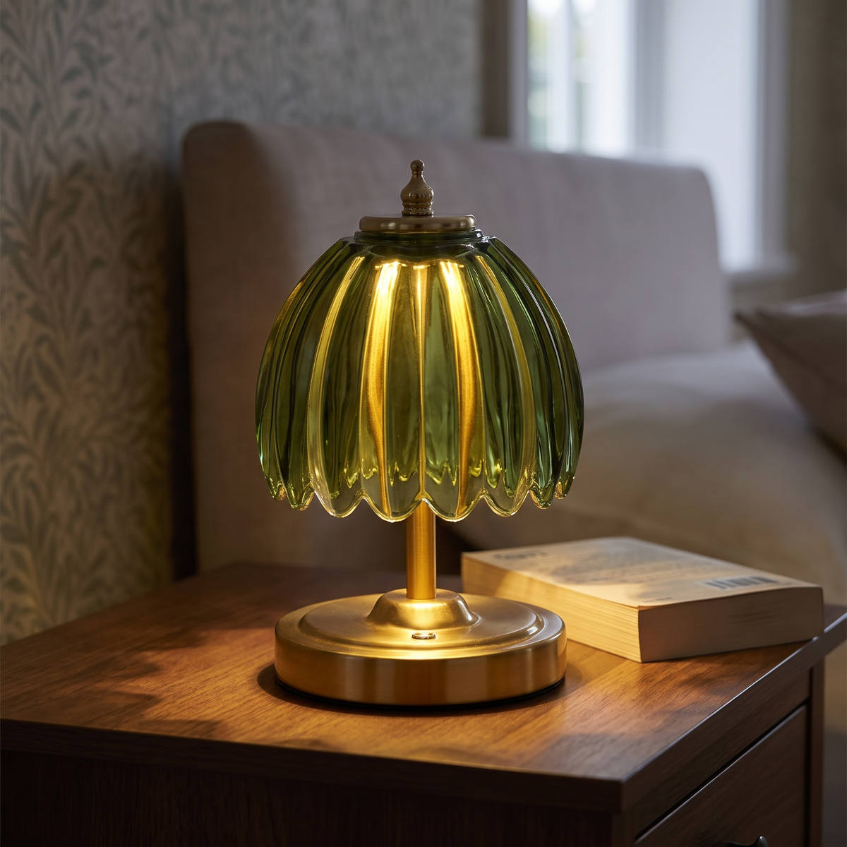 Small 23cm cordless glass flower lamp with green shade