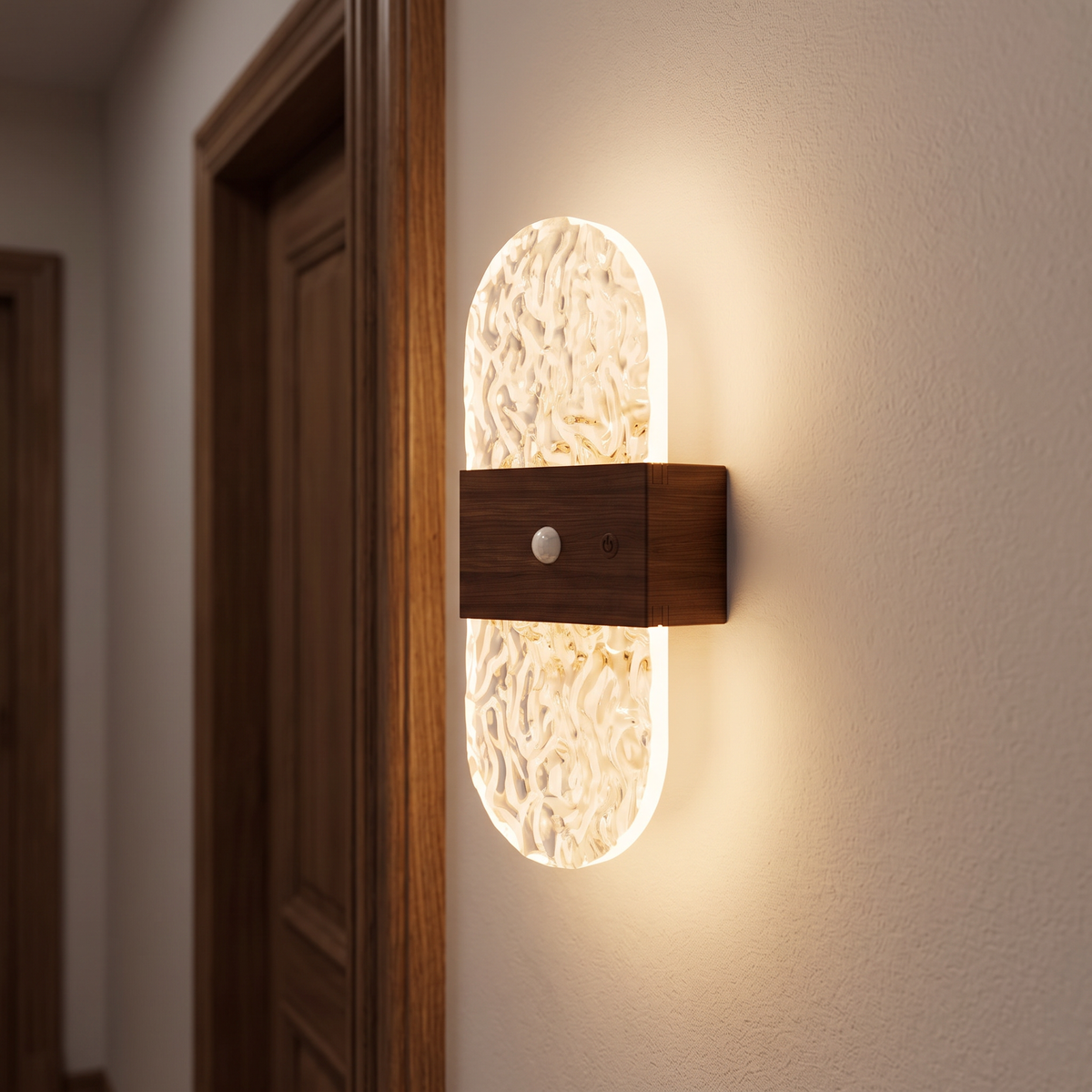 Oval crystal-effect motion sensor night light with walnut-effect band