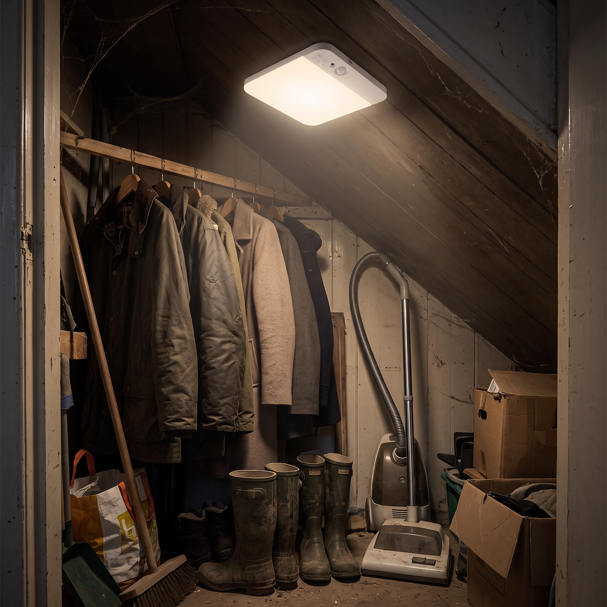 Rechargeable motion sensor light on the ceiling of an under-stairs cupboard