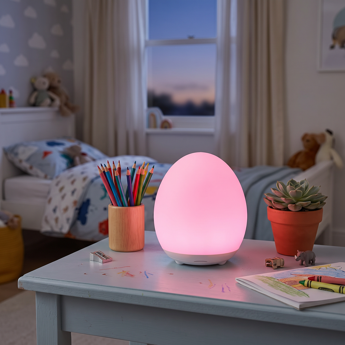 Egg night light glowing pink on a child's desk