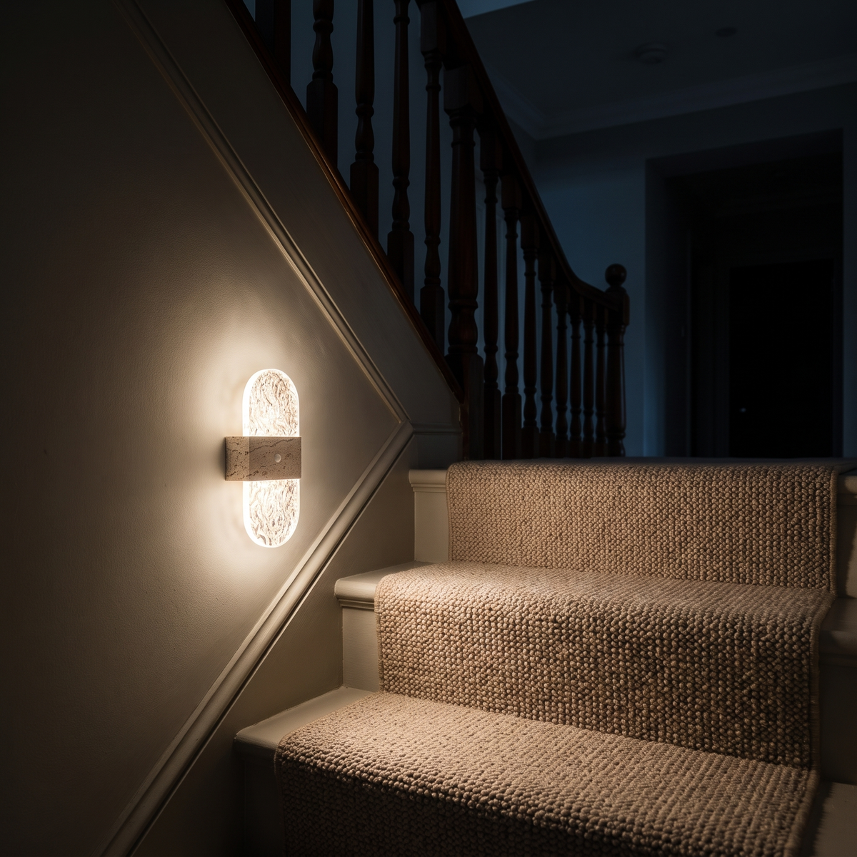 Oval motion sensor night light lighting a staircase at night