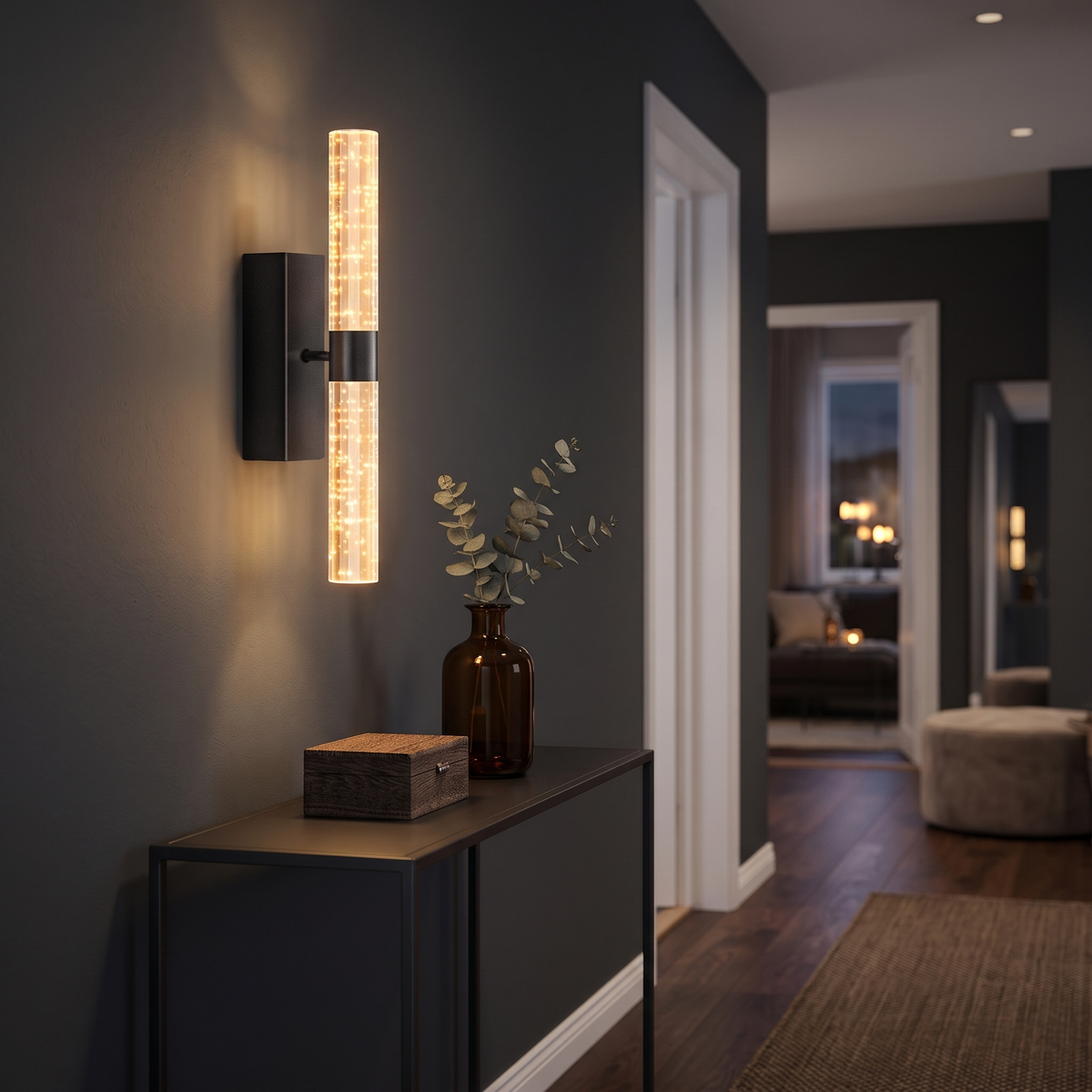 Rectangle black crystal-effect wall light in a dark hallway