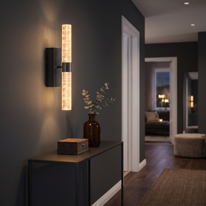 Rectangle black crystal-effect wall light in a dark hallway